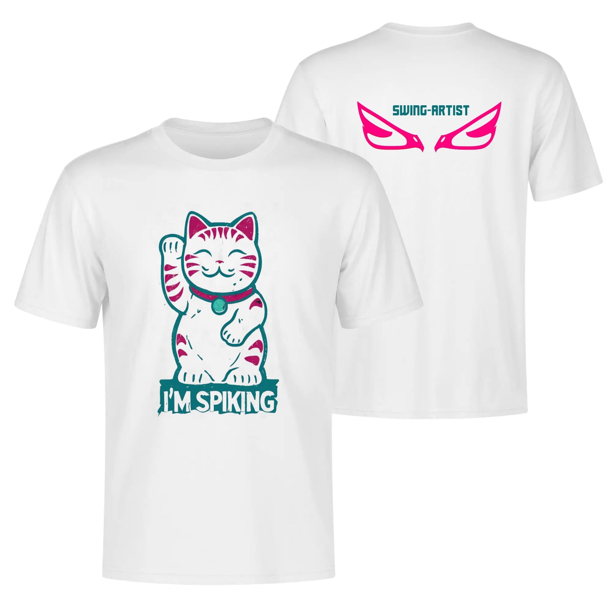 Swing-artist, Cartoon Maneki-Neko With Magenta Stripes And Teal Outline Volleyball Tee