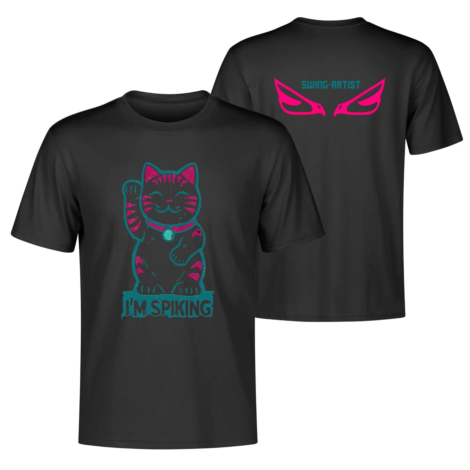 Swing-artist, Cartoon Maneki-Neko With Magenta Stripes And Teal Outline Volleyball Tee