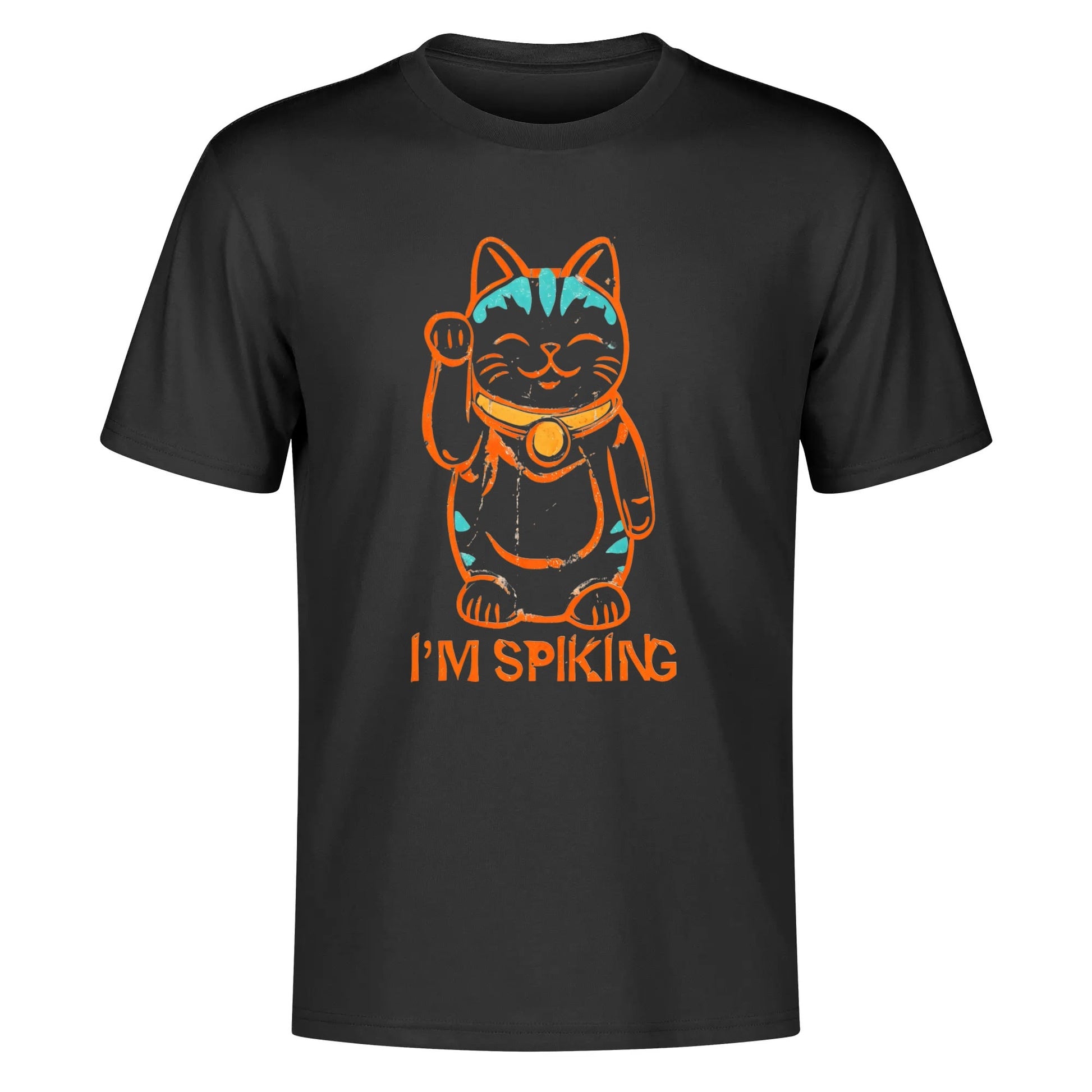 Swing-artist, Whimsical Cartoon Maneki-neko With Orange Lines And Turquoise Markings tee