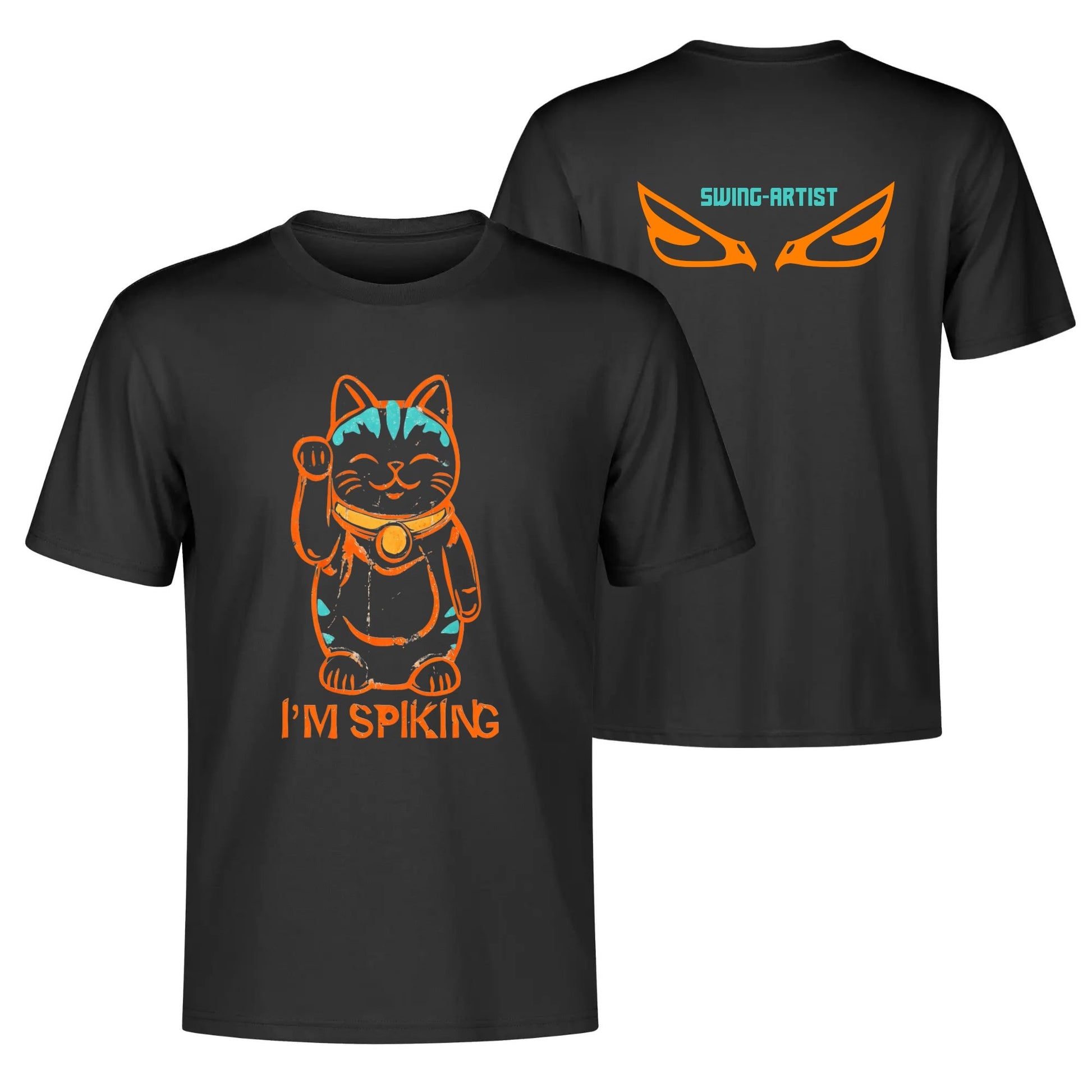Swing-artist, Whimsical Cartoon Maneki-neko With Orange Lines And Turquoise Markings tee