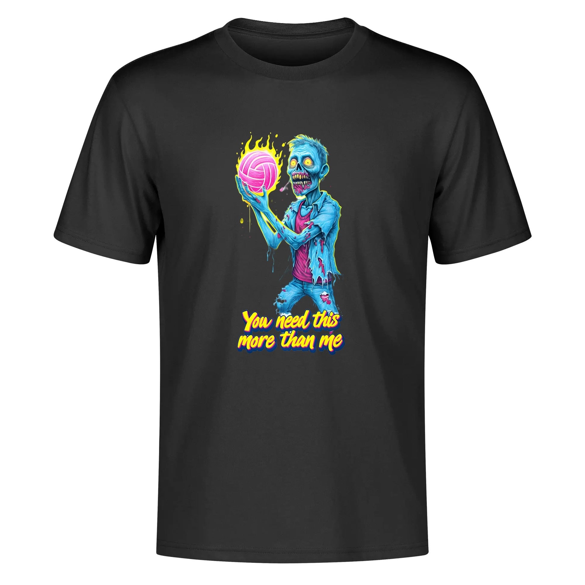 Swing-Artists Neon Volleyball Tee: Zombie Holding Glowing Pink Ball