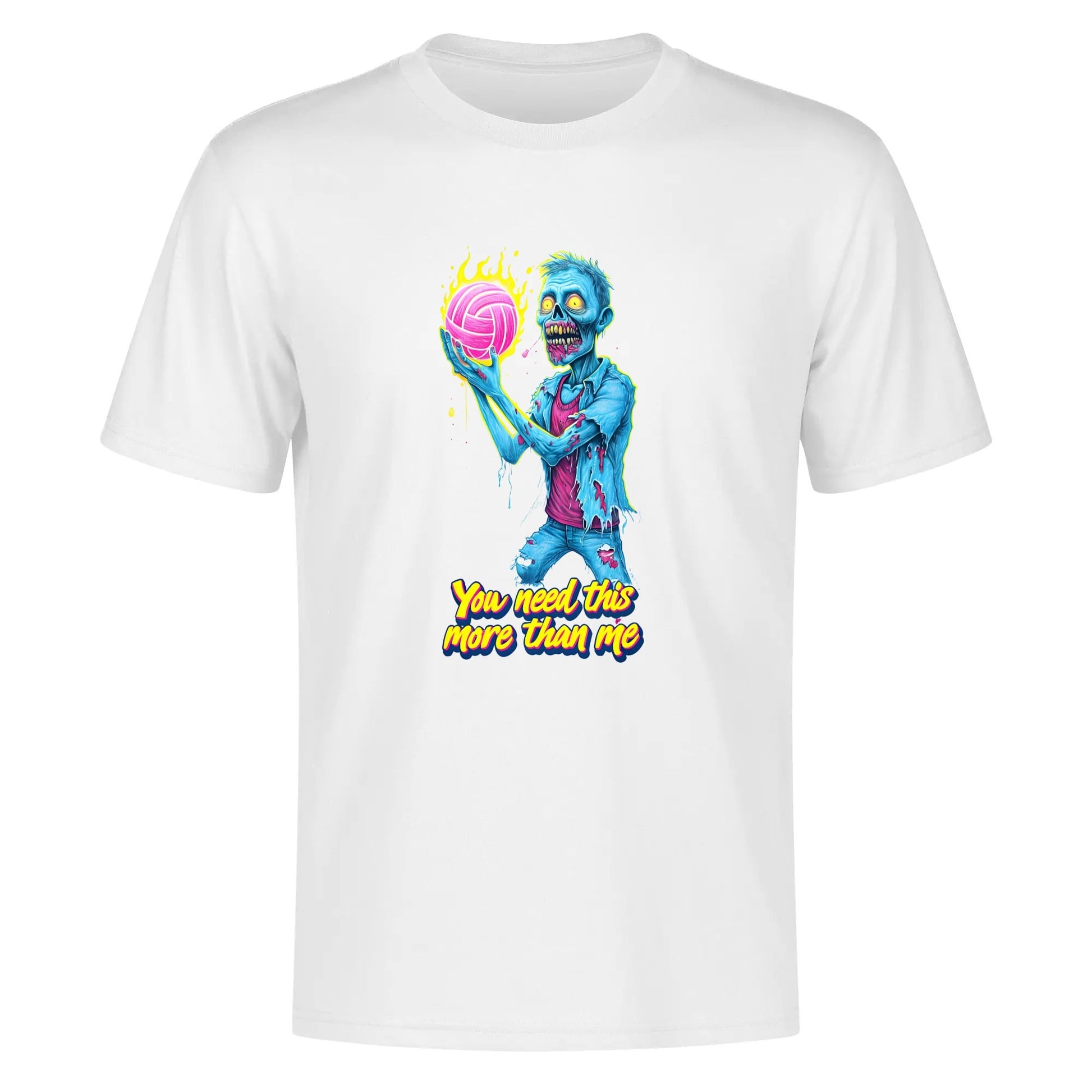 Swing-Artists Neon Volleyball Tee: Zombie Holding Glowing Pink Ball