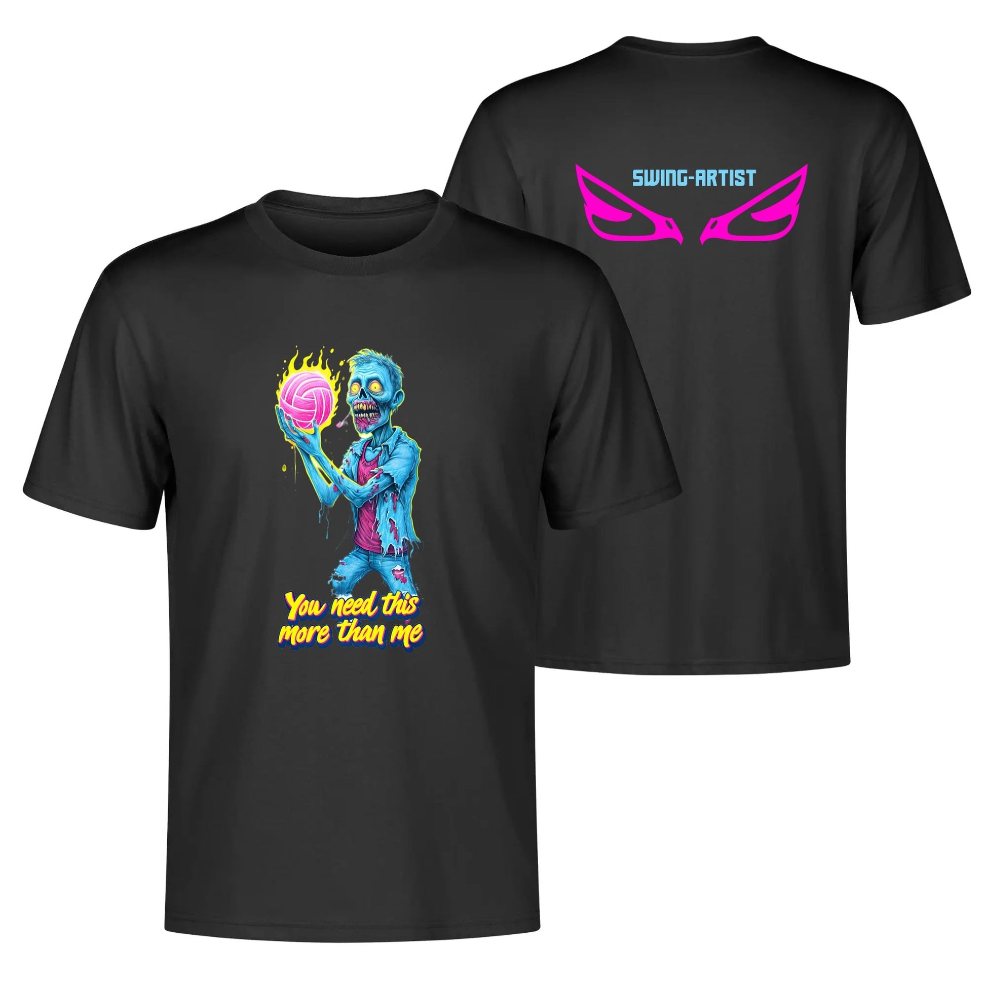 Swing-Artists Neon Volleyball Tee: Zombie Holding Glowing Pink Ball
