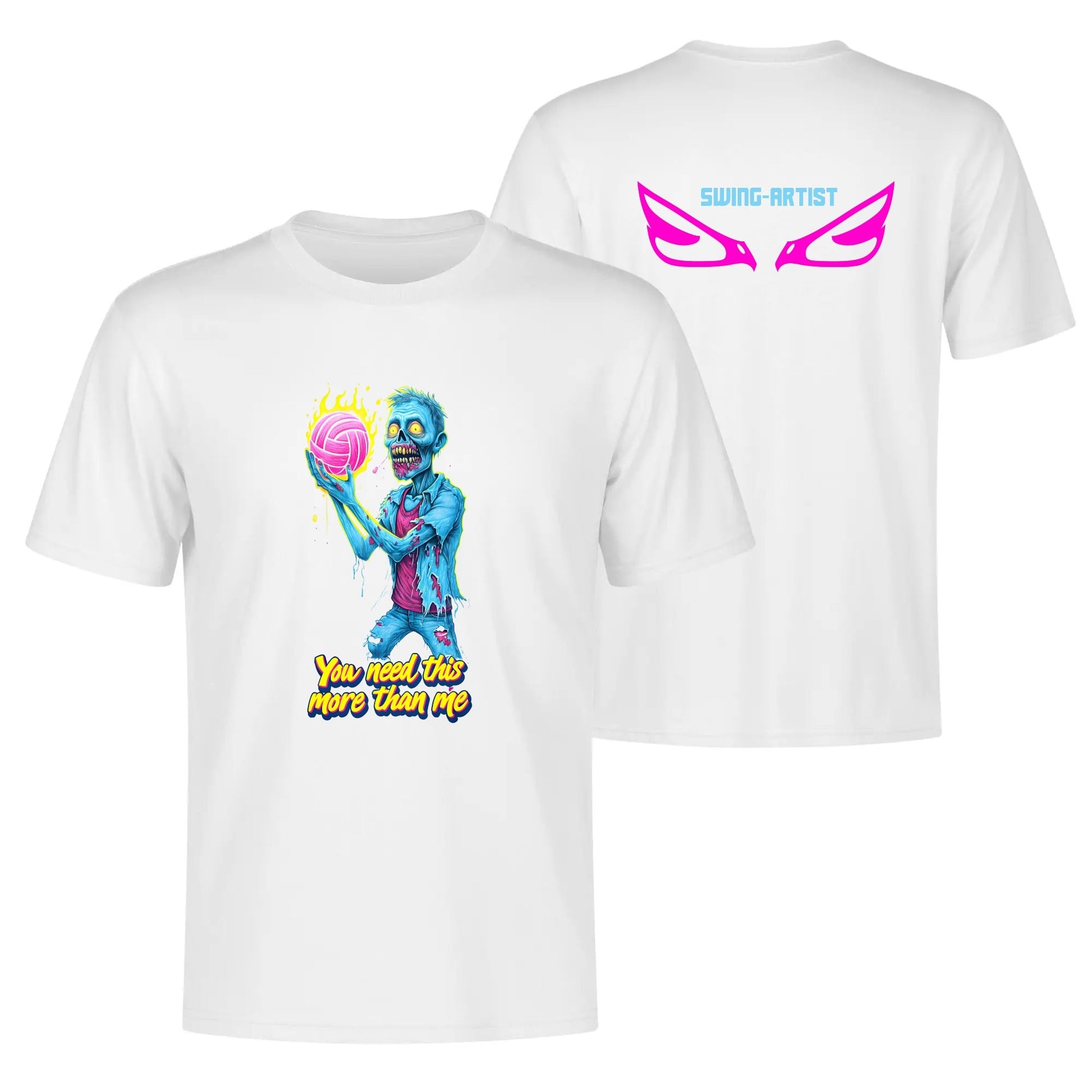 Swing-Artists Neon Volleyball Tee: Zombie Holding Glowing Pink Ball